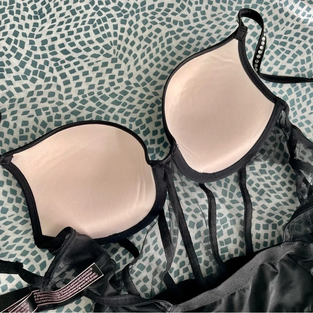 Victoria's Secret Black Satin & Mesh Lingerie Bodysuit Sparkly Rhinestones Small - Picture 11 of 12
